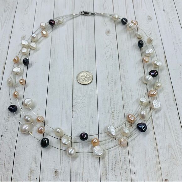 Sterling Silver Wire Baroque Pearl Necklace - Picture 1 of 2
